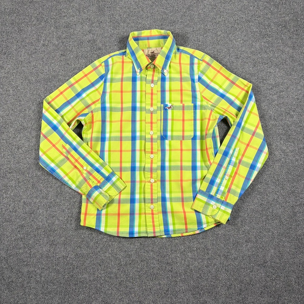Hollister Button Down Shirt Mens Small Neon Green Madras Plaid Long Sleeve